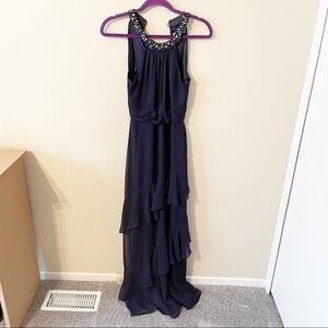 Eliza J Beaded Halter Tiered Chiffon Gown